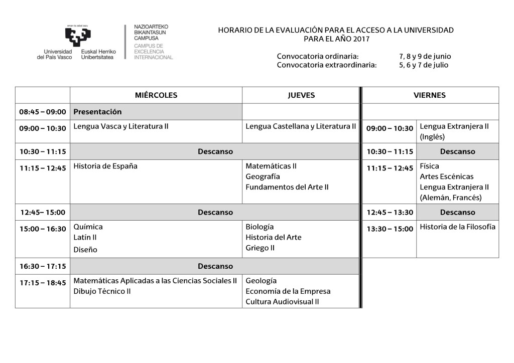 Horario PAU 2017