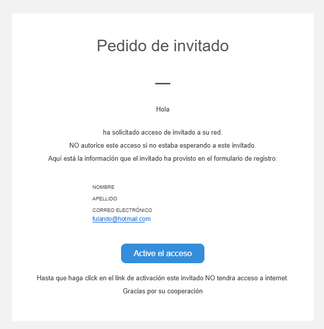 Correo electrónico recibido por el sponsor para autorizar al invitado